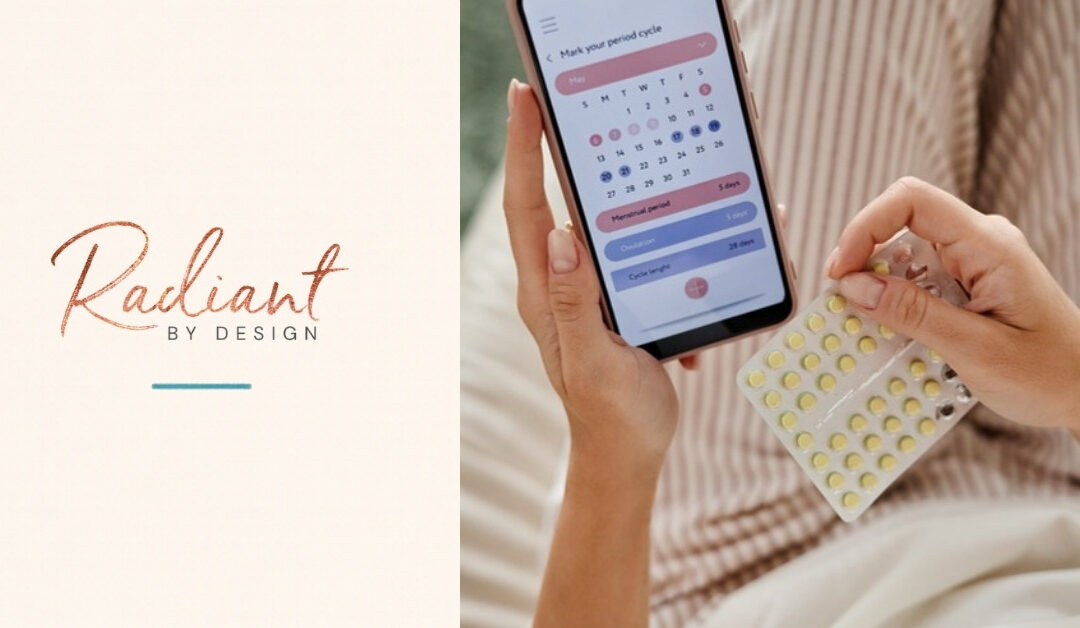 Hands holding a phone with a period-tracking app beside a pill pack