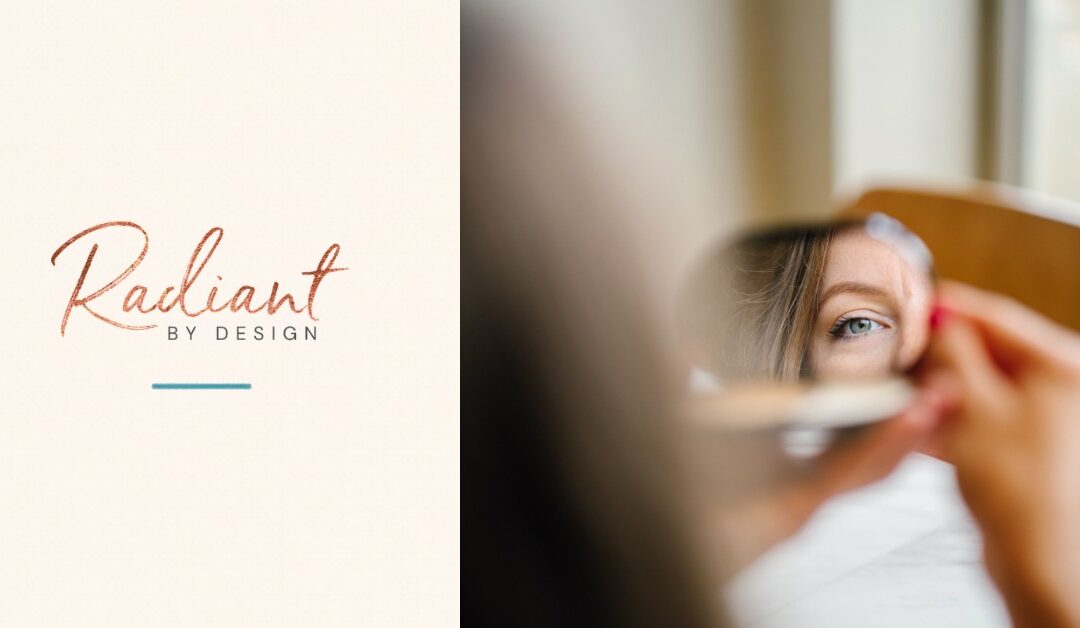 Woman checking her skin in a small hand mirror beside the Radiant By Design logo