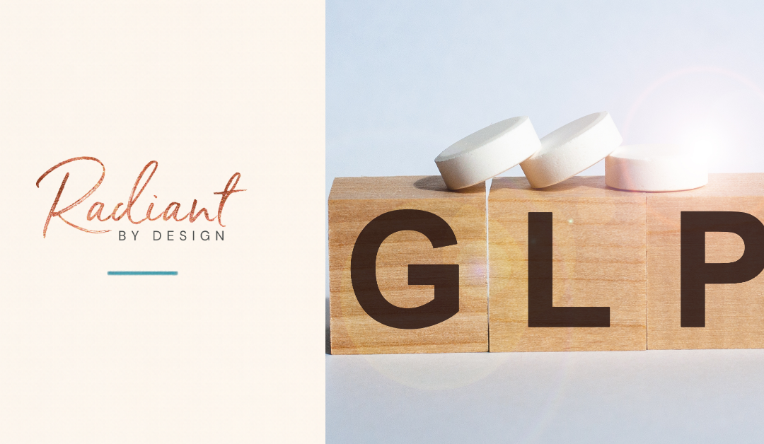 Three wooden blocks spell the letters GLP, with three white round tablets resting on top, against a soft pale-blue background.