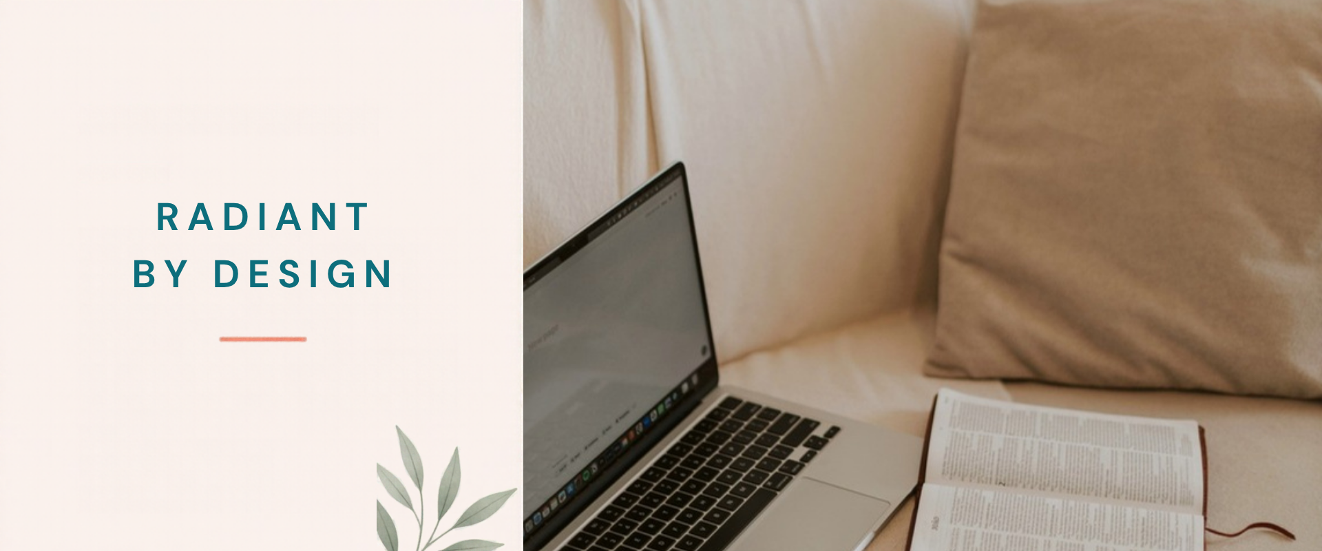 Laptop and an open Bible resting on a cream sofa beside a linen cushion.