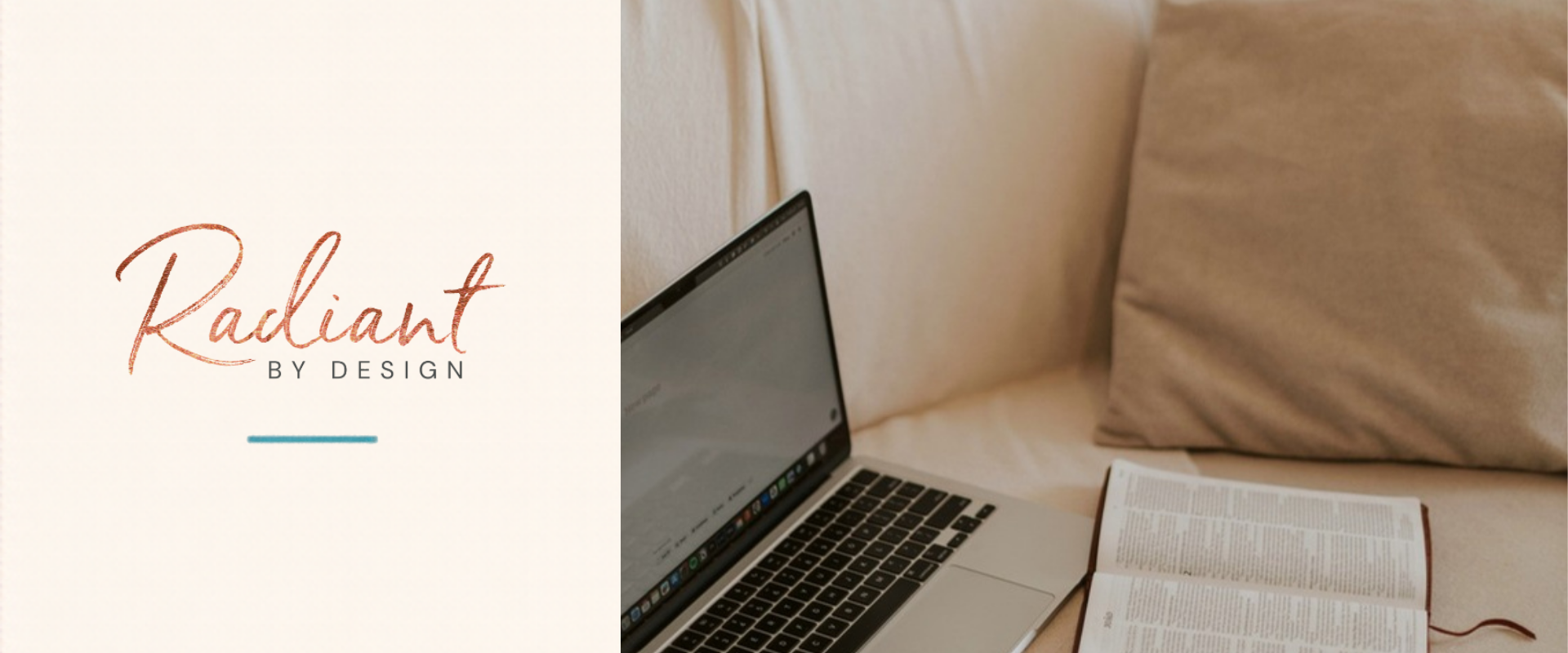 Laptop and an open Bible resting on a cream sofa beside a linen cushion.